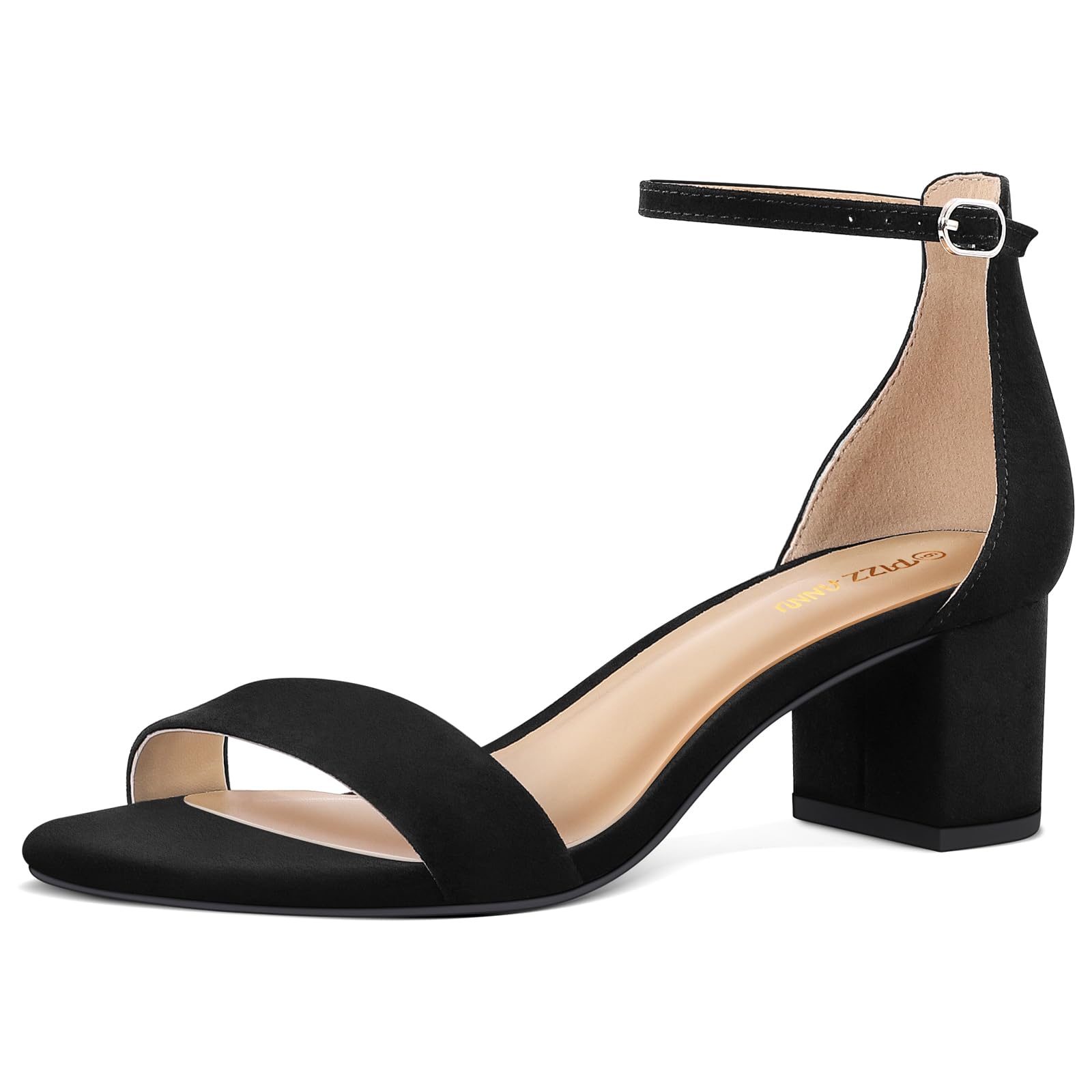 PIZZ ANNU Sandalias de tacón grueso de bloque bajo para mujer, cómodas, puntera abierta, correa al tobillo, zapatos de fiesta, zapatos de tacón con hebilla de tiras y diseño de tacón grueso de 2