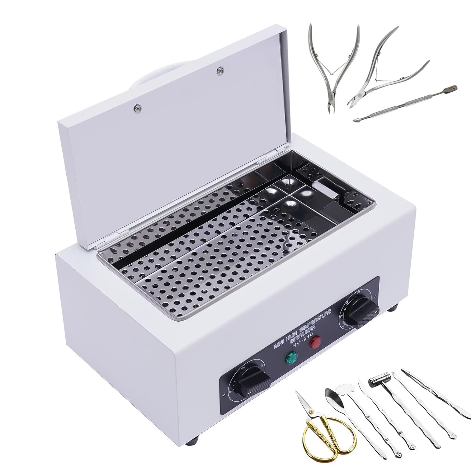 Sterylizator gorącym powietrzem 300W, dezynfekcja 220°C, urządzenie sterylizujące wysokotemperaturowe, szafka dezynfekcyjna do narzędzi do paznokci, salon piękności, timer 1-60 minut (biały, bez