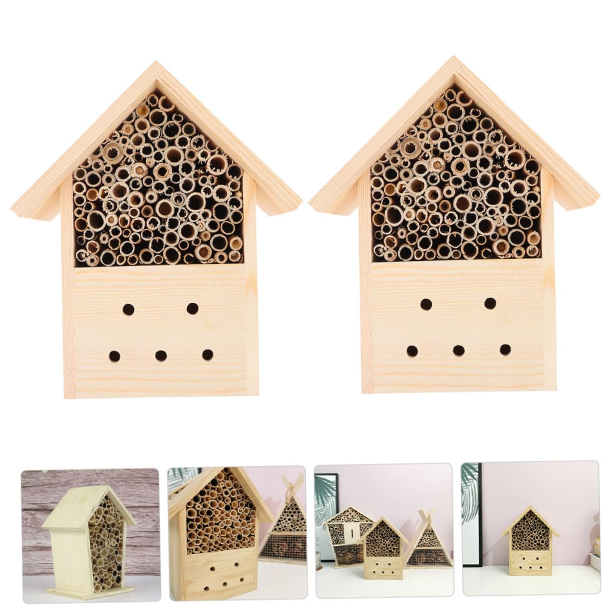 Casetta Insetti Impollinatori 2 Pezzi in Legno Stile Capanna | Khaki, Rifugio per Svernamento e Riproduzione, per Giardino e Uso Esterno