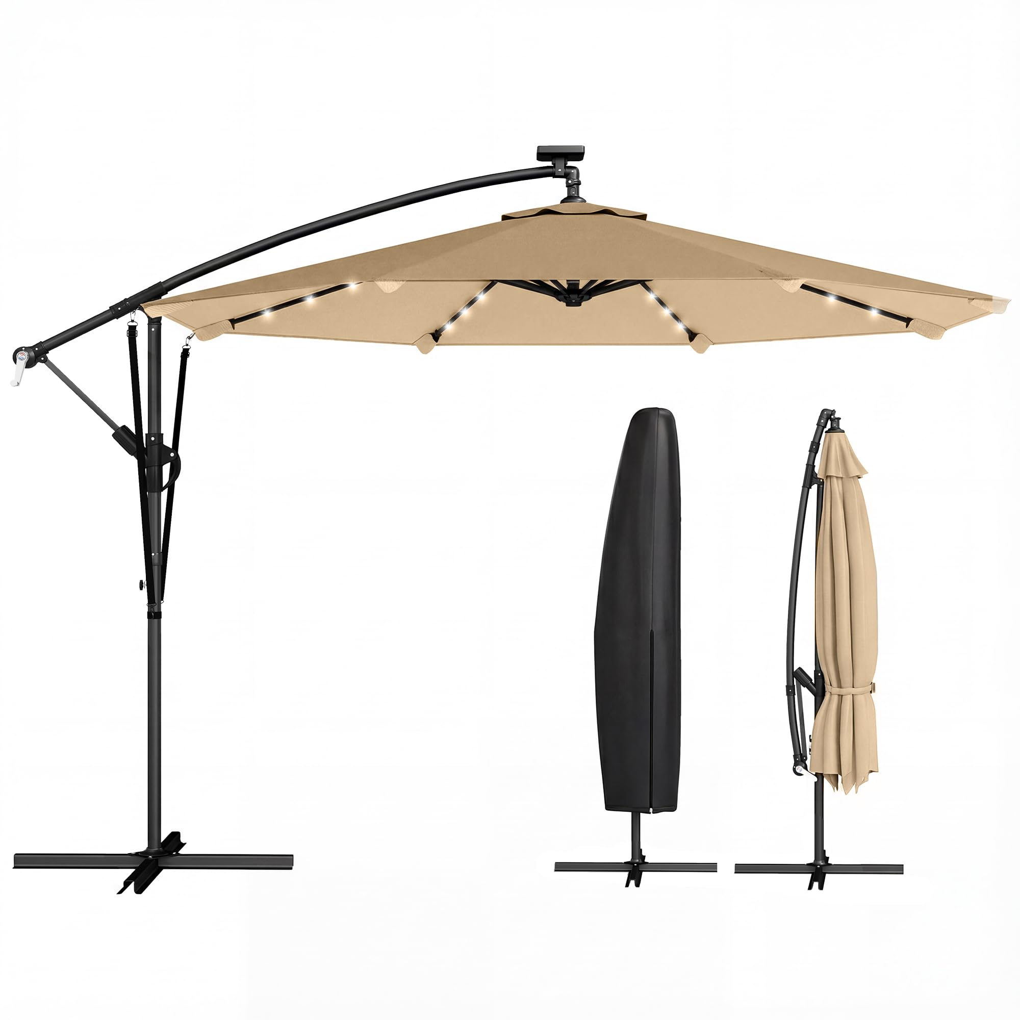 Outsunny Parasol Excéntrico con Luces LED Solares, Ø330 cm, Sombrilla de Jardín con Base Cruzada, Manivela, Funda Protectora y Cuerda de Viento, Anti-UV 50+, para Terraza, Patio — view 10
