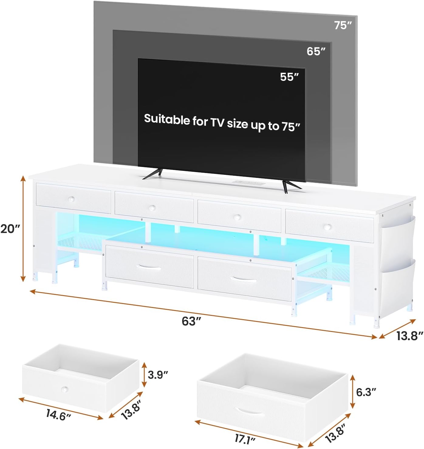 BTHFST LED TV Stand for 65/70/75 Inch TV, Entertainment Center with Storage & Power Outlets, 63" TV Stand with 6 Drawers & 4 Bags & Shelves, TV Console Media Console for Living Room, Bedroom, White