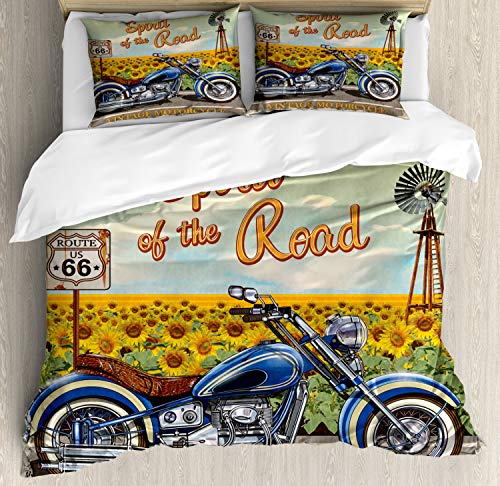 Lunarable Route 66 Duvet Cover Set, Kansas Spirit of The Road Typography in Front of Sunflower Garden Historic Route, Decorative 3 Piece Bedding Set with 2 Pillow Shams, California King, Multicolor