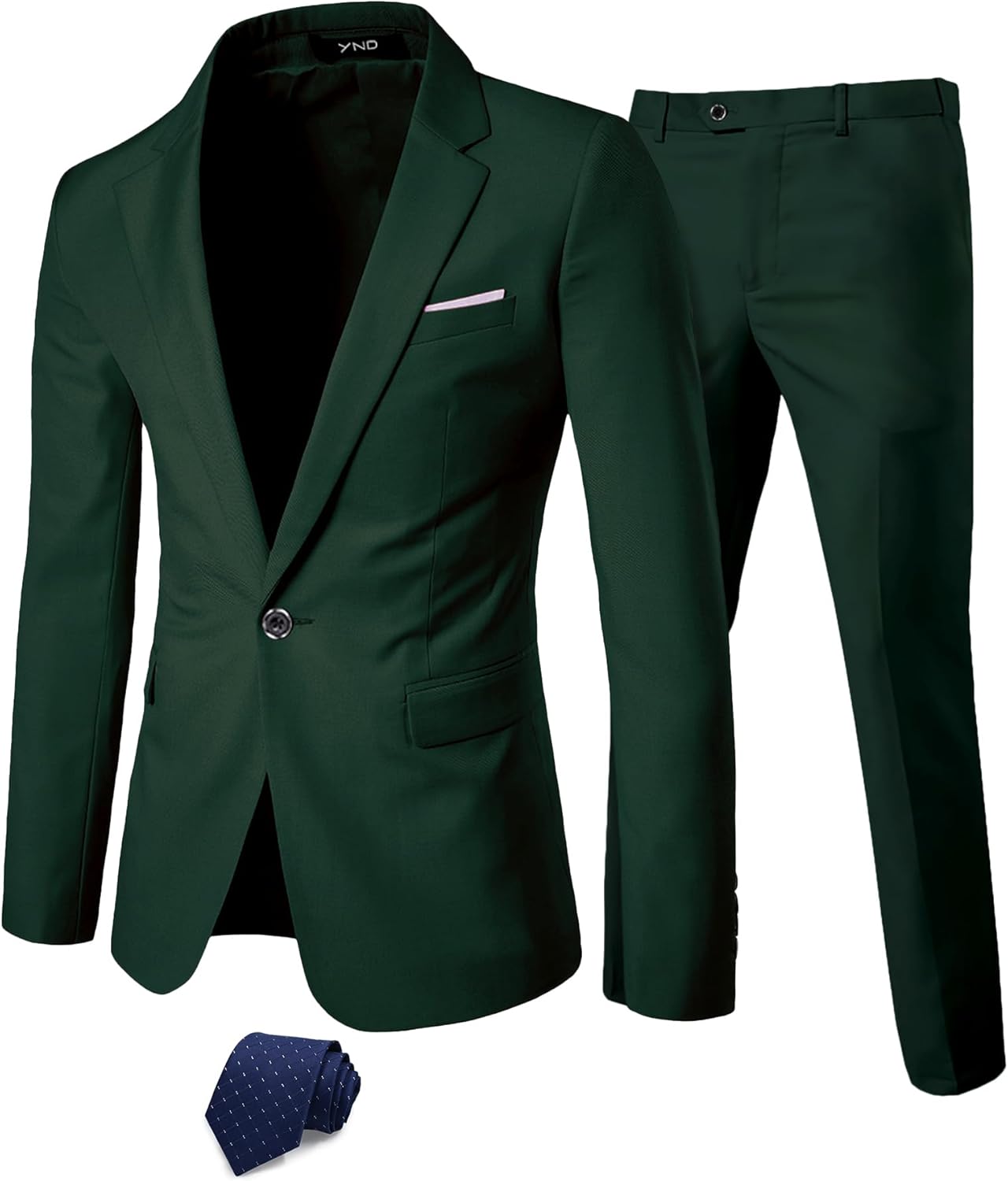 YND Men's 2 Piece Suit with Tie, One Button Slim Fit Solid Jacket and Pants Set, Suits for Men Prom Party Wedding & Business