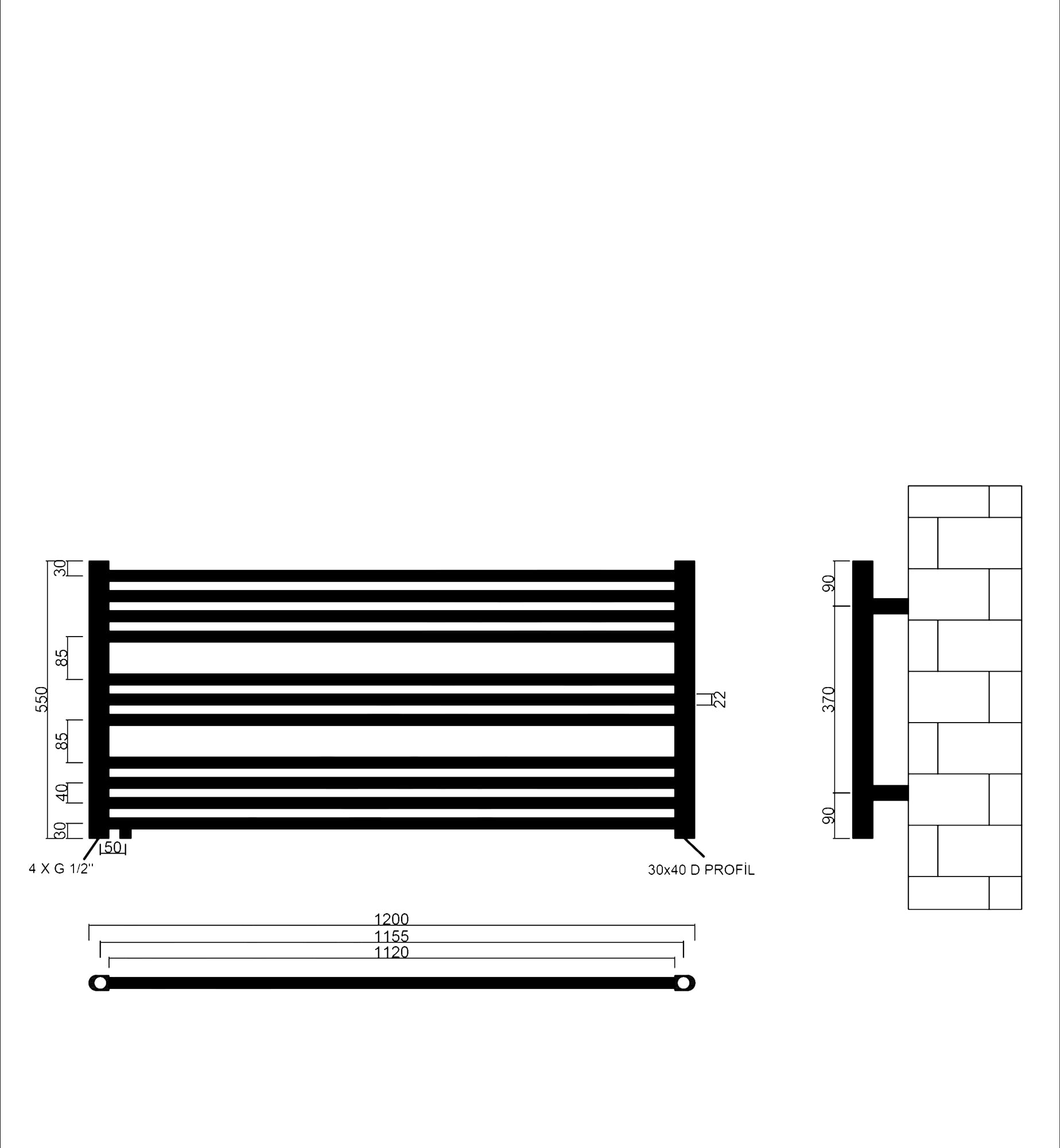 SHV Badheizkörper Pegasus mit Seitenanschluss 1200 x 550 mm Weiß Handtuchheizkörper Stahl