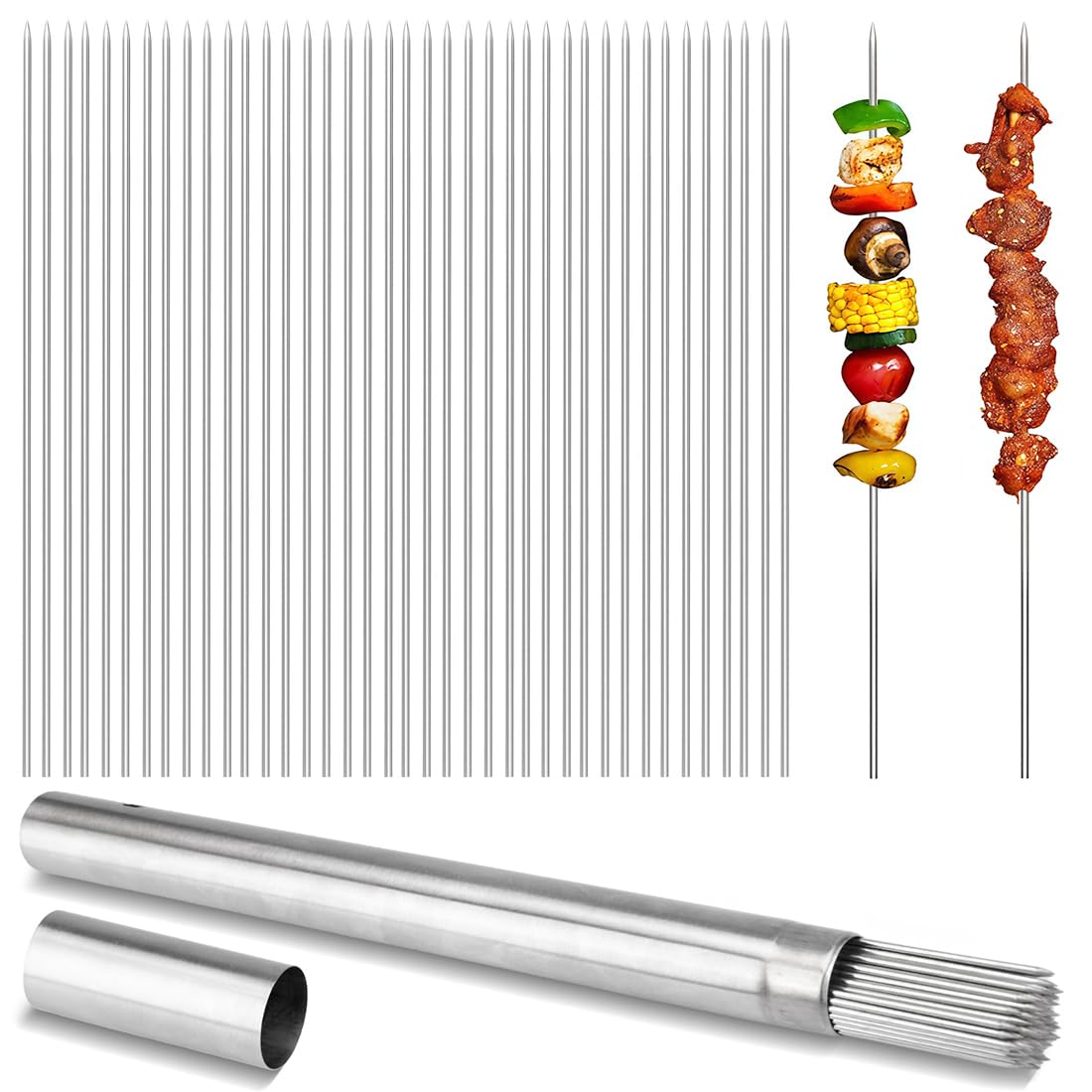 Barbecue Skewers Steel Stick 100 PCS, 13.5" BBQ Skewers Reusable Needle Sticks for Meat, Shrimp, Chicken, Vegetable, Kitchen, Party, Outdoor Cooking