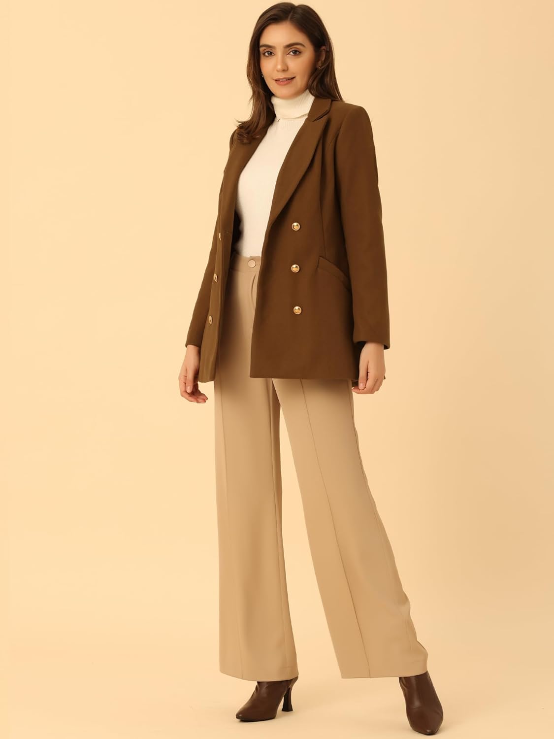 Allegra K Women's Winter Coat Belted Outerwear Casual Work Notch Collar Double Breasted Peacoat