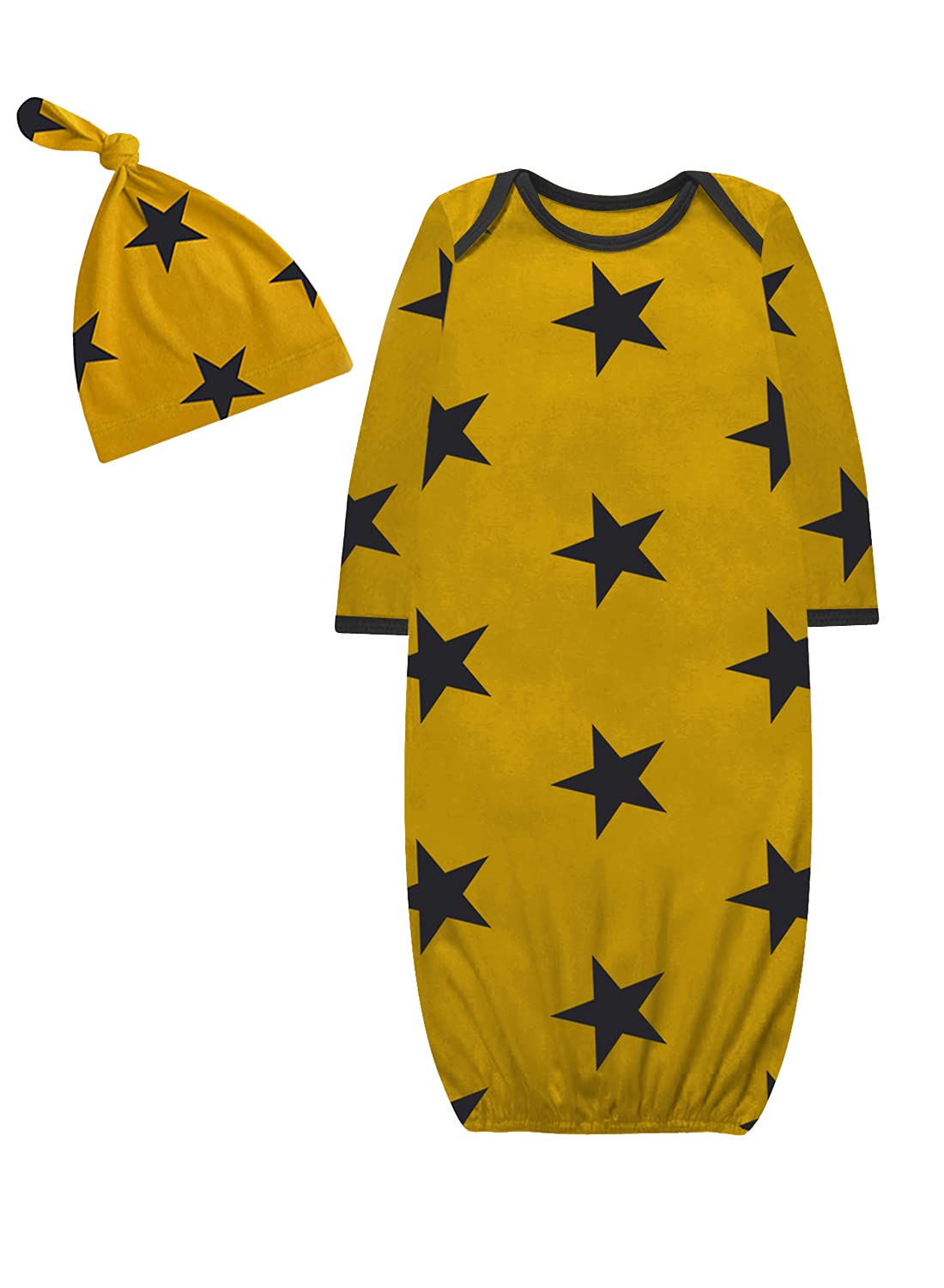 A.T.U.N. (ALL THINGS UBER NICE) Baby Unisex Gown with Knot Hat Set (BSET SAK_Mustard-Navy_12-18M)