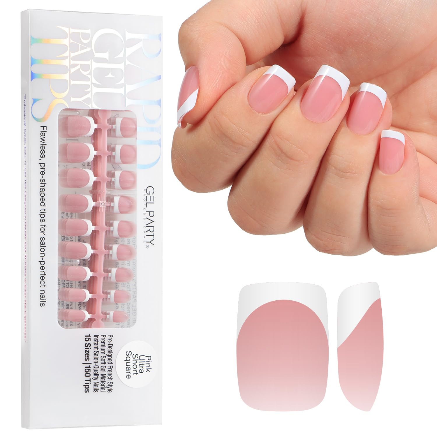 GELPARTY French Nail Tips, Pink Ultra Short Square, 150 PCS, 15 Sizes