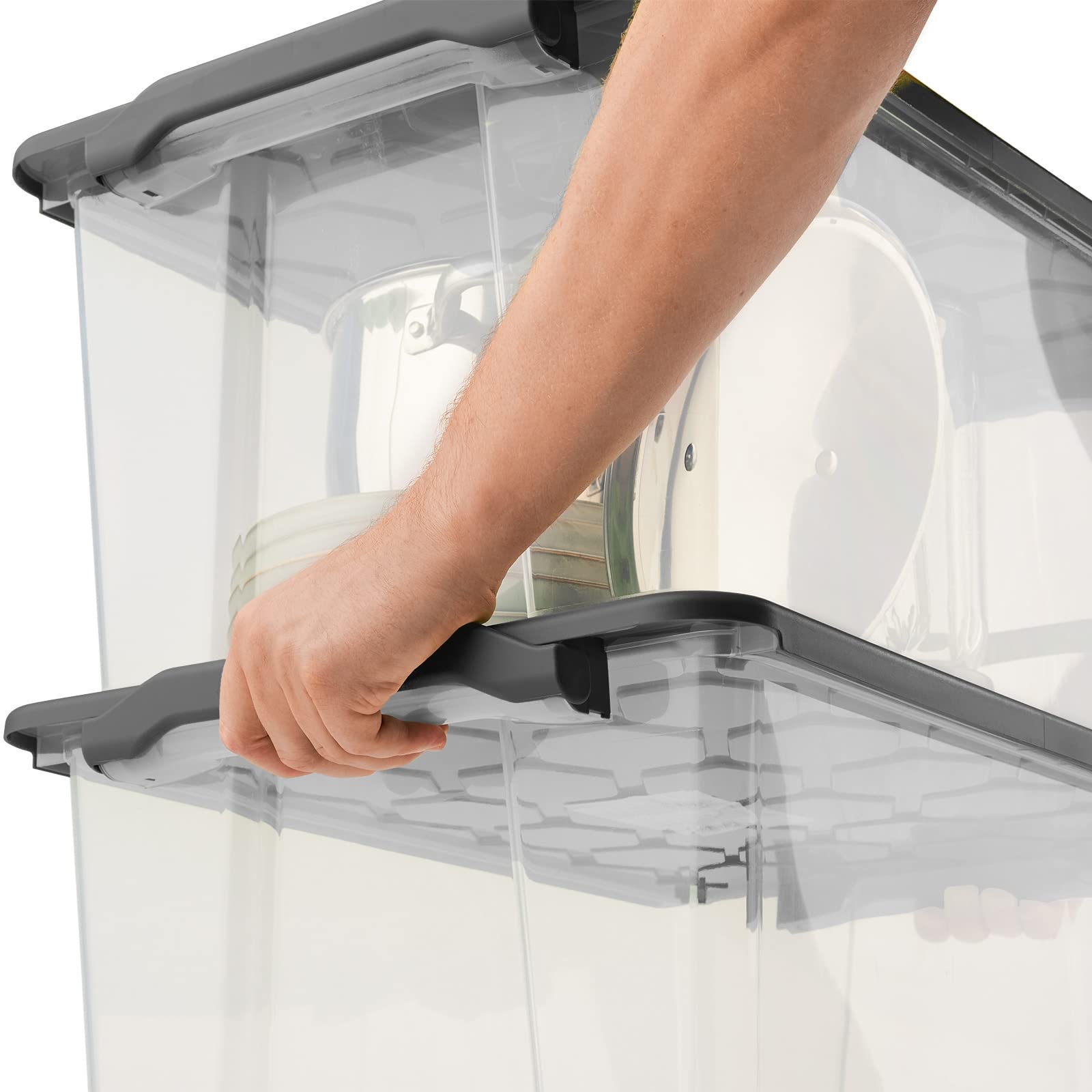 Rotho Aufbewahrungsbox mit Deckel Evo Safe 3 x 44 L Transparent Anthrazit | Aufbewahrungsboxen für Ordnung, Plastikbox mit Deckel aus lebensmittelechtem PP, transparent mit anthrazitfarbenem Deckel