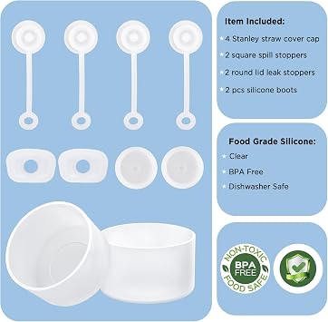 Stanley Bardak Aksesuarları 6 Parça Set, 2 Hasır Kapak Kapağı, 2 Kare Dökülme Durdurucu ve 2 Yuvarlak Sızıntı Durdurucu, Stanley Cup için 2 Adet Silikon Bot 40 oz, 30 oz ve 20 oz Bardak (Beyaz)