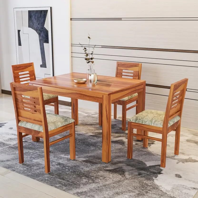 Image of RECTART Solid Wood Dining Table Set with Chairs for Living Room Home | Wooden Dining Room Sets Furniture for Hotels and Restaurants | (Natural Finish, 4 Seater-E)