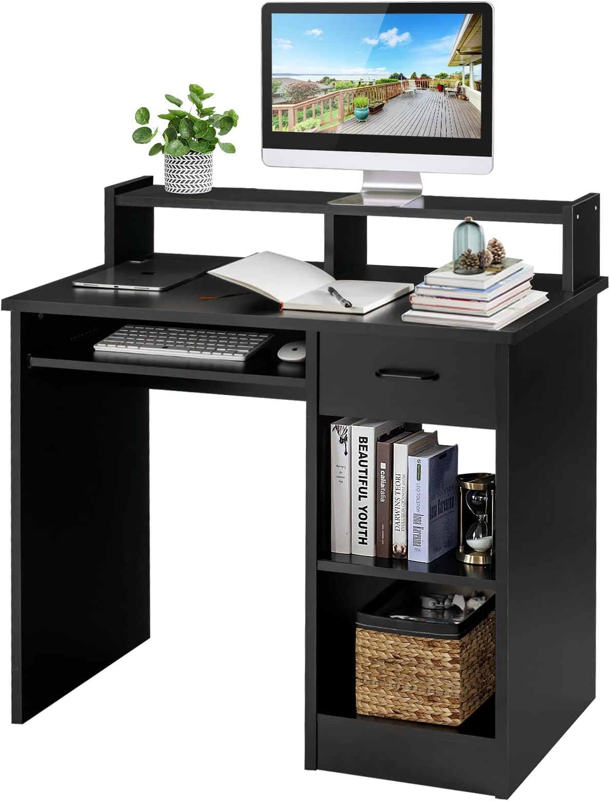 Computer Desk w/Drawer, Keyboard Tray, Open Storage Shelves & Top Hutch Shelf, Wood Study Writing Table for Home Office, PC Laptop Student Bedroom, Small Space, Black (HW63331BK)