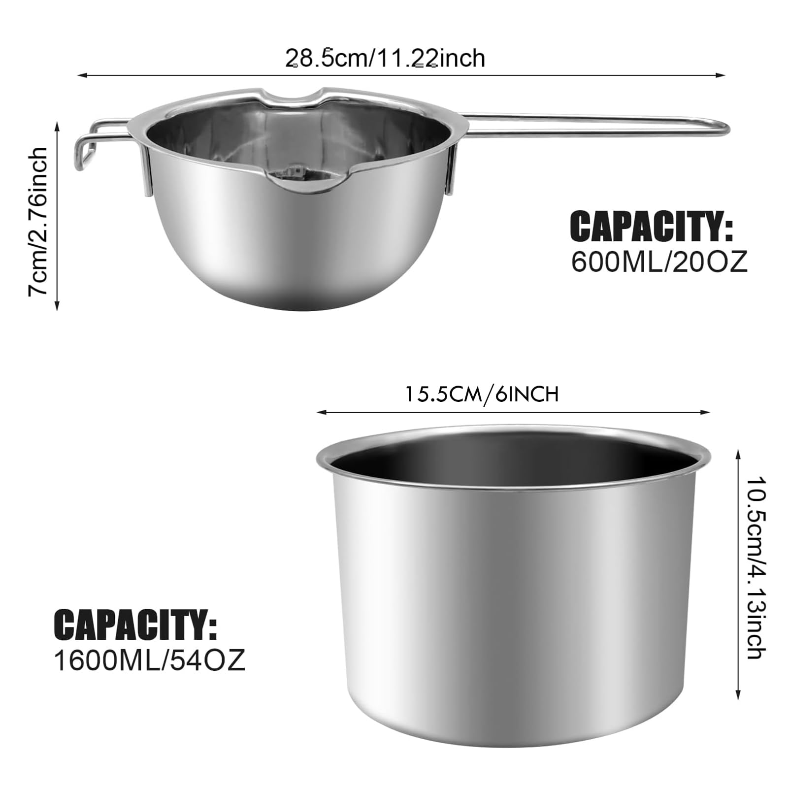 Juego de ollas de doble caldera de acero inoxidable con espátula de silicona para derretir chocolate, mantequilla, queso 20.3 fl oz+ 54.1 fl oz 5