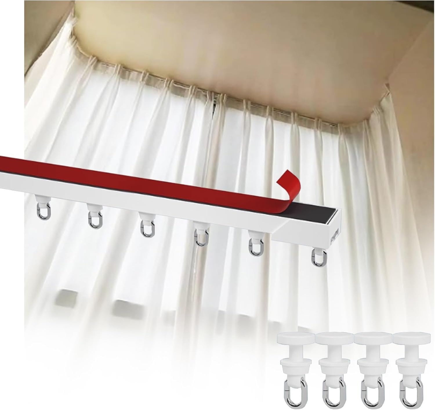 Self Adhesive Curtain Track System – PVC Curtain Rod with Strong 15mm Adhesive Tape Smooth Glide Straight/L/U Shapes – for Windows, Showers, Room Dividers(3.1m/10.2ft)
