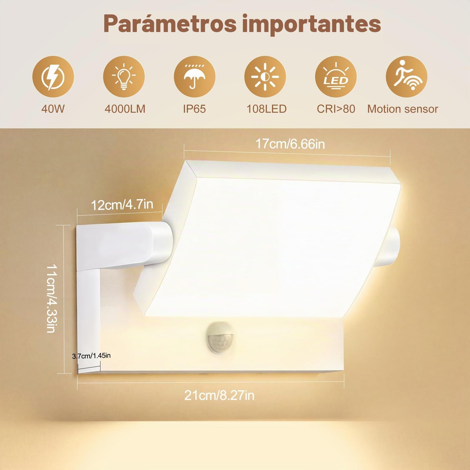 40W Aplique Pared Exterior con Sensor de Movimiento,40W 4000LM 3000K Blanco Cálido, Blanco Aplique de Pared Interior Rotación 350°,Impermeable IP65