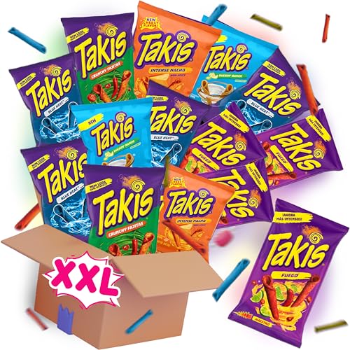 Caixa XXL Takis Chips Box – 4 Takis Blue Heat, 4 x Takis Buckin Ranch, 2 x Takis Intense Nacho, 2 x Takis & 2 x Takis Fajitas - 92,3 g por embalagem!- Até 111 cm 5 Kg C Age de mistura grande