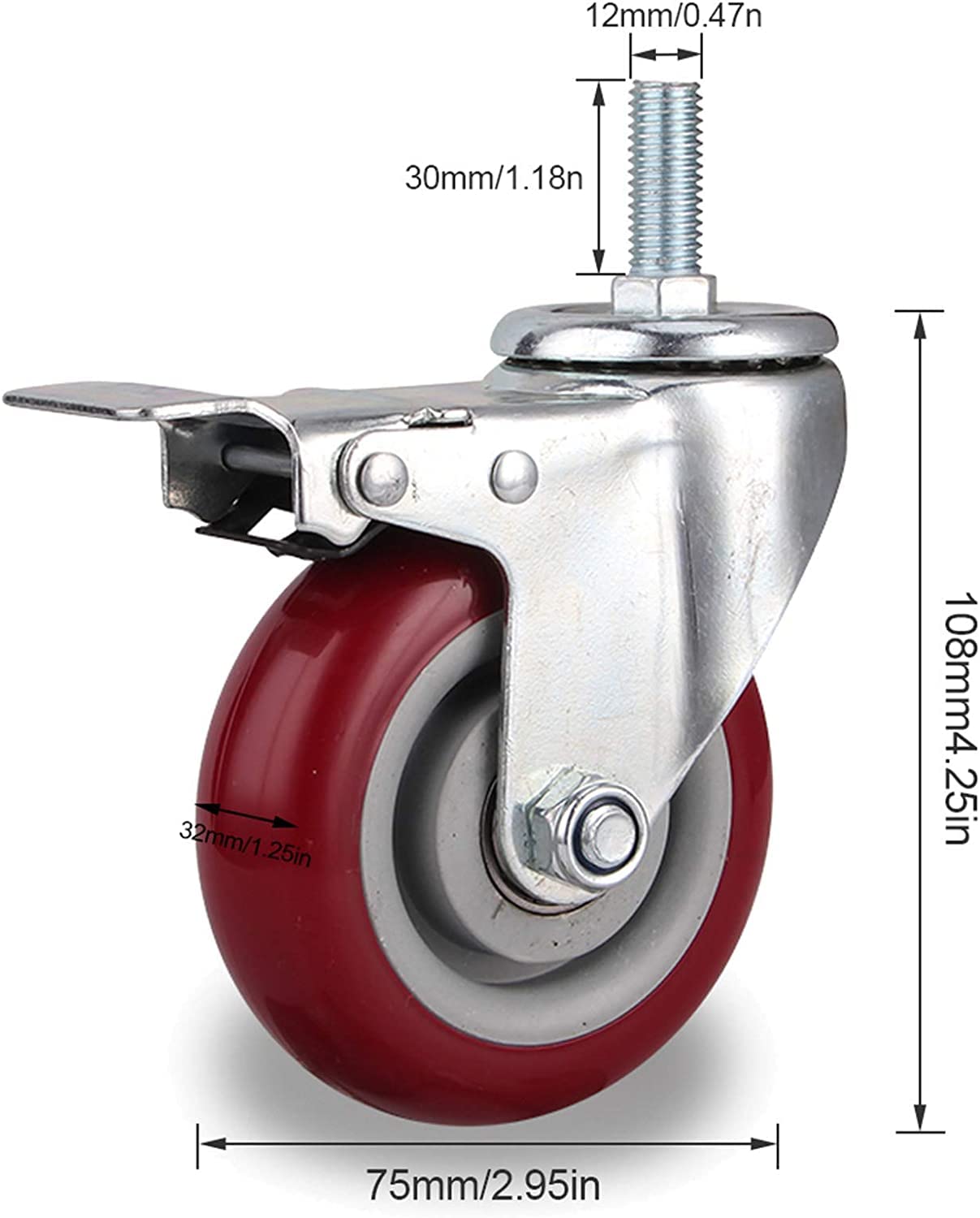 Bürorollen, Transportrollen, Schwerlastrollen, mit Bremsen, Polyurethanrollen, Breite: 32 mm