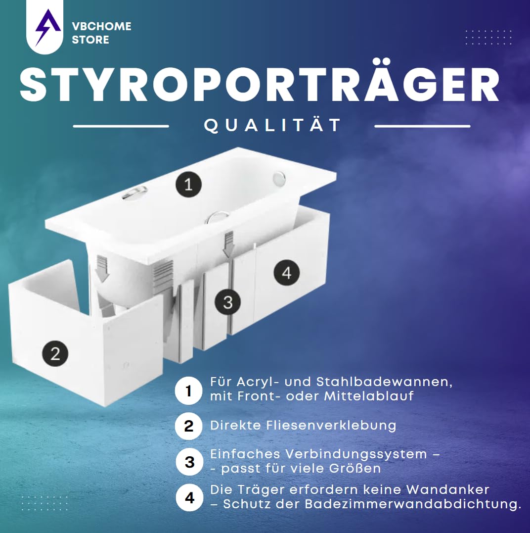 VBChome Badewanne 170x70 cm Weiß Acryl SET – Rechteckwanne mit Styroporträger, Siphon und Ablaufgarnitur in Chrom – Modernes Design, Robustes Material, Einfache Montage