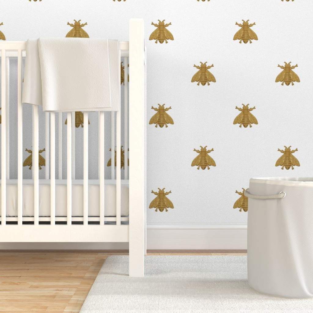 Spoonflower Peel & Stick Wallpaper 9ft x 2ft - Bees White Antique Gold French Bee Insect Nature Vintage Custom Removable Wallpaper