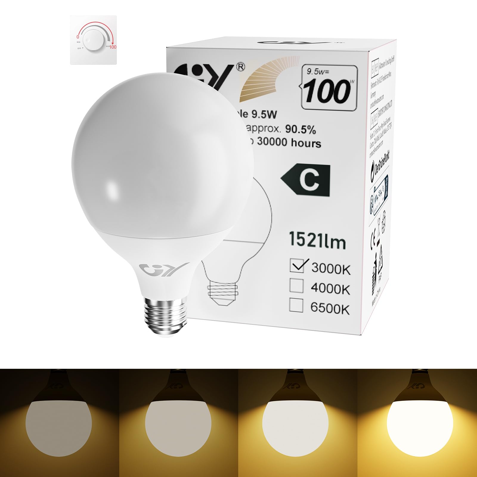GY E27 LED Warmweiss Dimmbar Glühbirne, G95 9,5W 3000K 1521 Lumen Warmweiß Globe Lampe, 100W Leuchtmittel ersetzt, Dimmbare Energiesparlampen, 1 stück