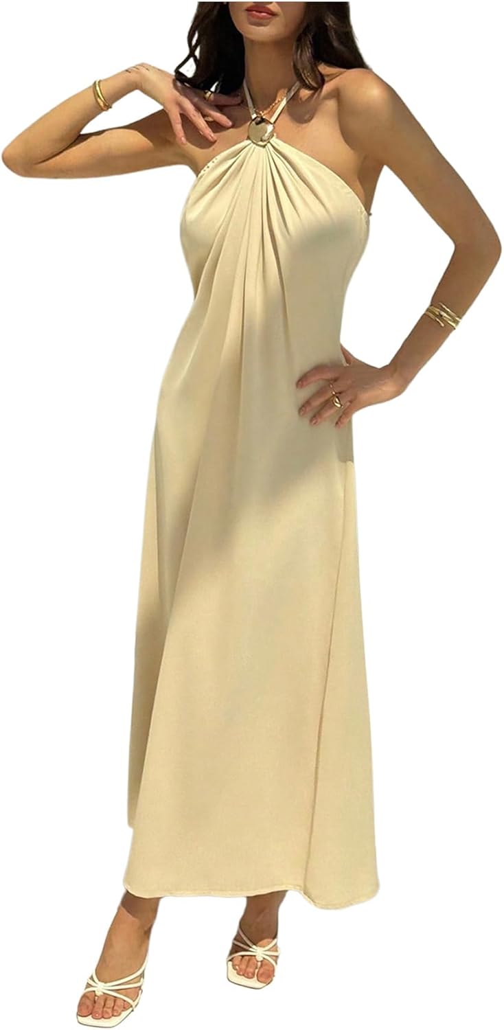 GORGLITTER Women's Summer Halter Maxi Dresses Wedding Guest Bridal Shower Dress Matel Sleeveless Flowy Vacation Sun Dress - Image 4