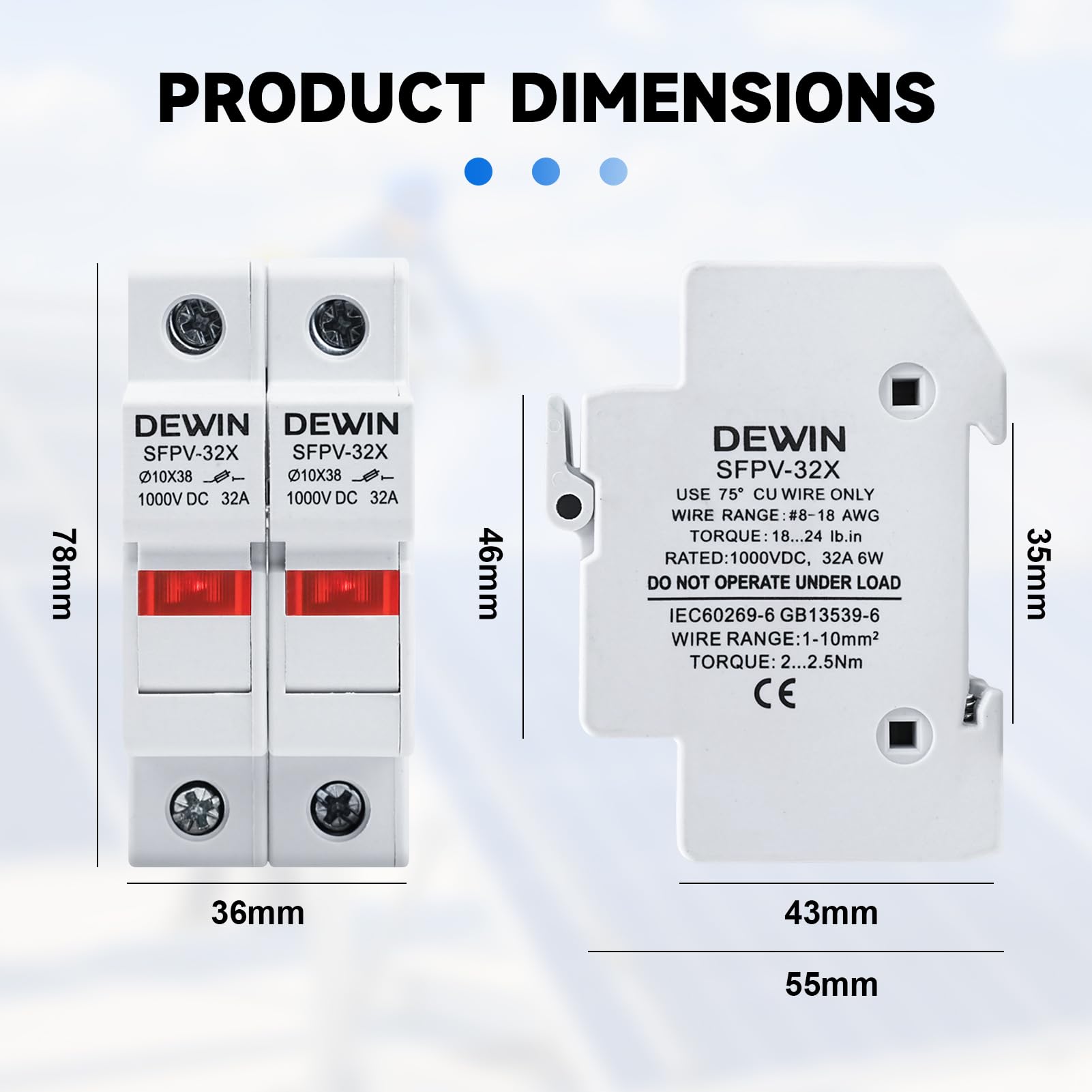 DEWIN Fusible fotovoltaico, 2 polos, 1000 V CC, 32 A, protección contra sobrecarga y cortocircuito.(With 15A PV fuse)