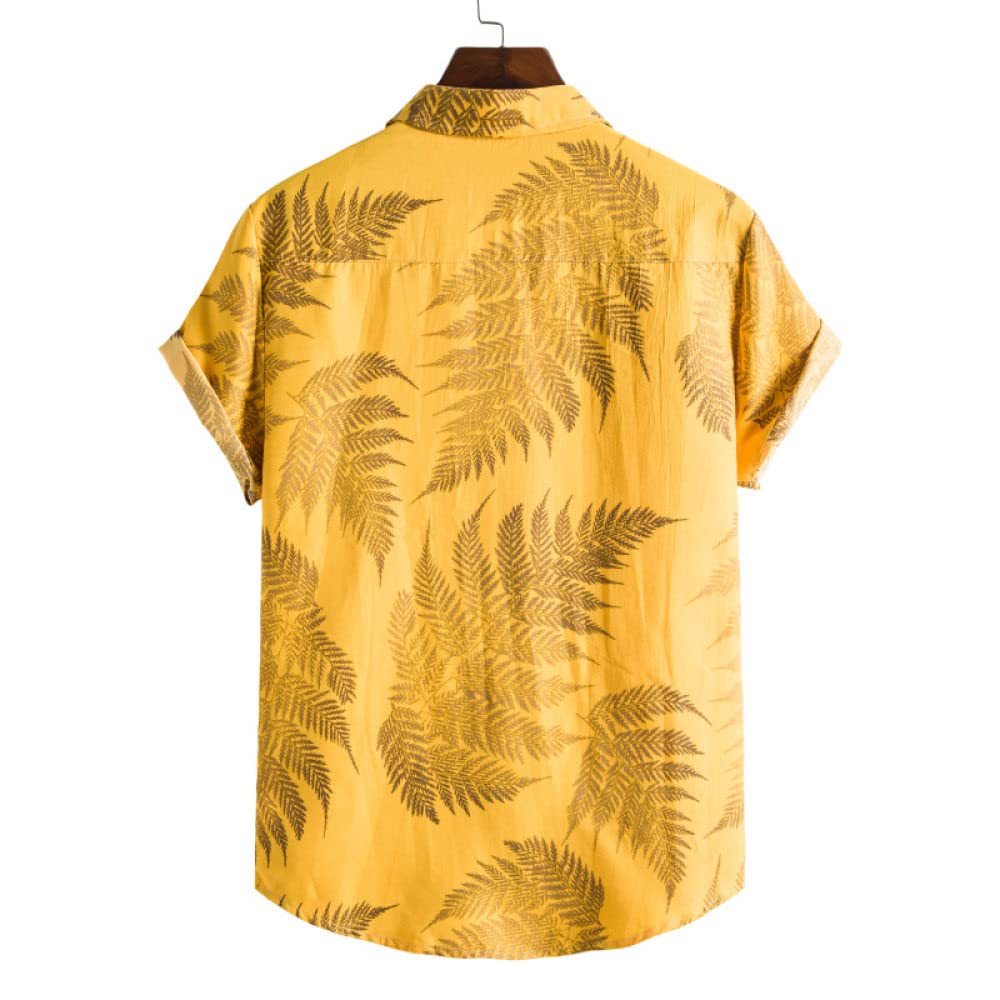Camisa Hawaiana Hombre, Camisa Hawaiana Para Hombre Y Pantalones Cortos De Playa Hawaianos Conjunto De Hojas De Plantas Amarillas De Algodón Trajes De Hawaii Camisa De Playa De Manga Corta Casual Y