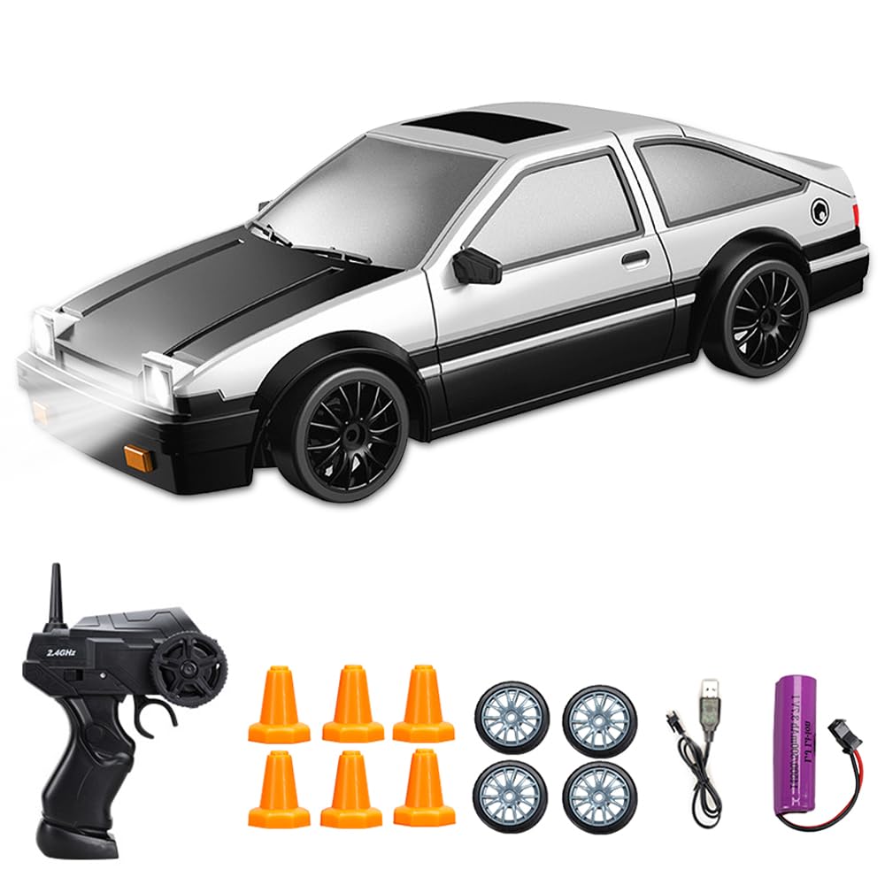 Coche Teledirigido, Drift RC Car 1:24, Coche Teledirigido Adulto 2,4 GHz 45 km/h con Faros de Trabajo, Coches Teledirigidos para Niños Regalo para Adultos y Niños (Plata)