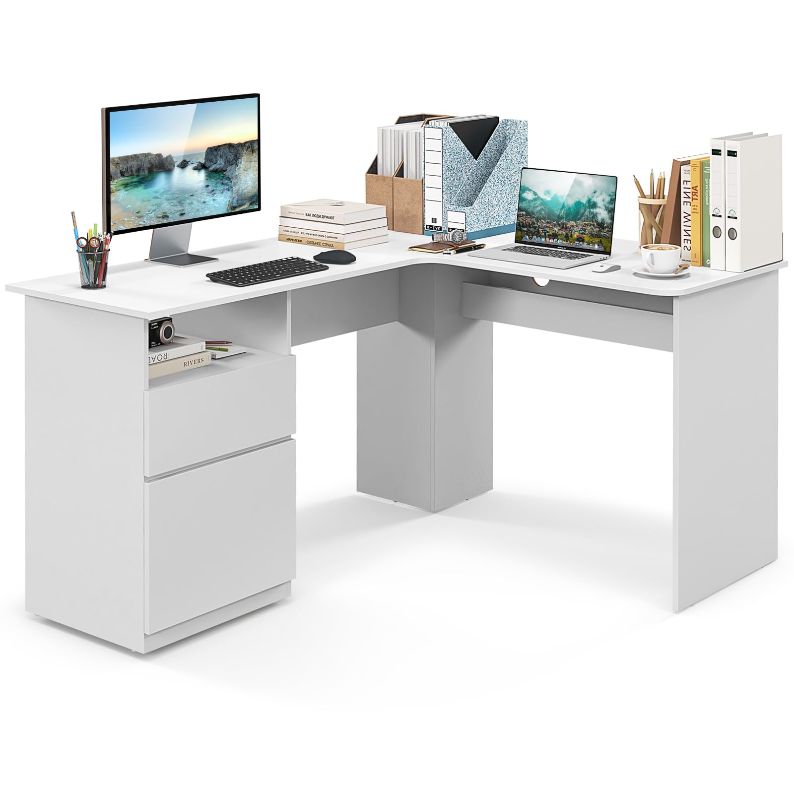 COSTWAY L-Shaped Computer Desk, 150cm Modern Large Corner Desk Writing Study Table with Open Compartment, Home Office PC Laptop Gaming Workstation (White, 150 x 120 x 76 cm, no Charging Station)