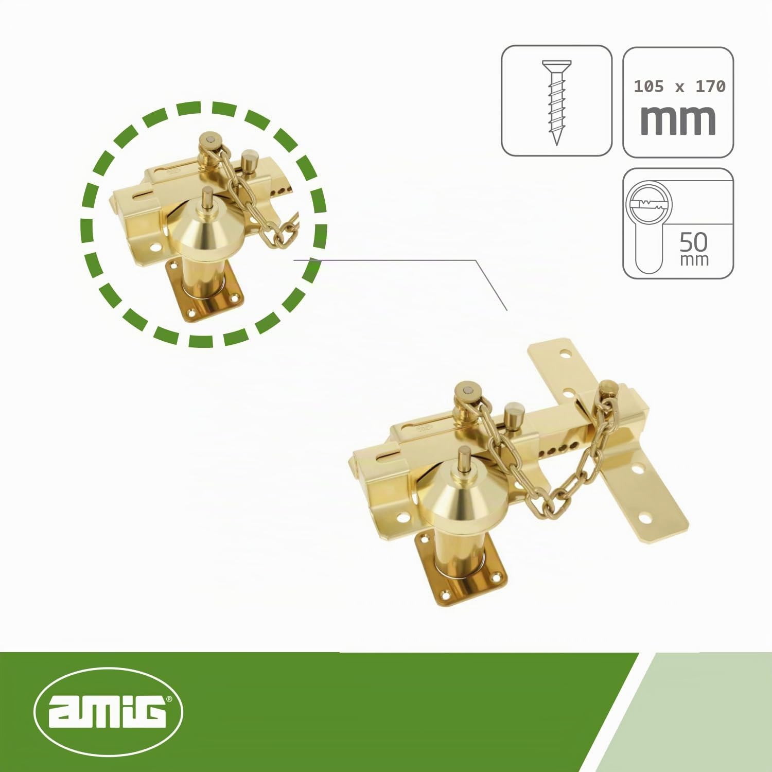 Amig - Cerrojo de Sobreponer con Cilindro Redondo, Pestillo y Cadena Mod. 1C - 105 x 170 mm - Cerradura de Seguridad con Llave y Retenedor - Incluye 5 Llaves de Punto - Acero Dorado