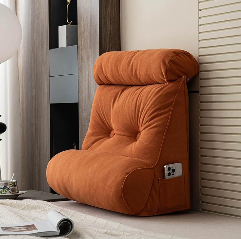 HEANCRIE Ergonomic Lumbar Positioning Support Reading Pillow with Neck Bolster,60cm Thicken Backrest Cushion,Elasticity Headrest Pad with Side Pocket for Bed Relax (Orange,60X50X30CM)