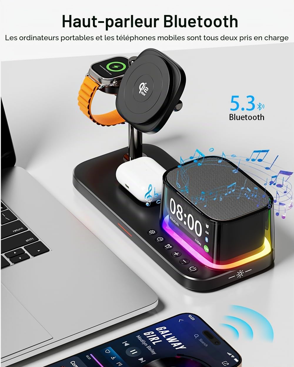 45 W pour Apple MagSafe Charger Stand 5 en 1, Qi2.2 25W Magnetic Wireless Charger Fast Charging Station, Alarm Clock Speaker Night Light, Charging Dock for iPhone 17 16, 5W Apple Watch 11 Ultra