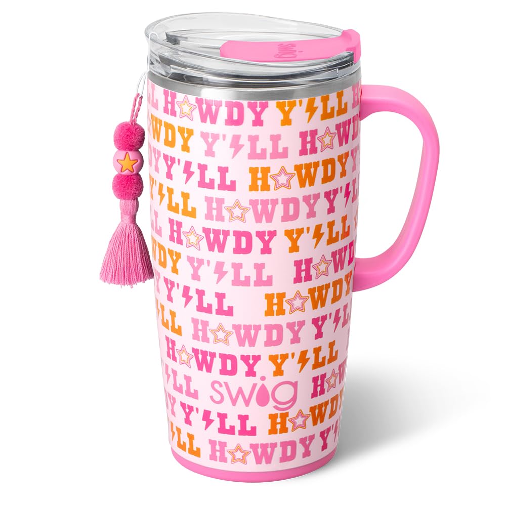 Swig Life 22oz Travel Mug, Insulated Tumbler with Handle and Lid, Cup Holder Friendly, Dishwasher Safe, Stainless Steel, Travel Coffee Cup, Insulated Mug with Lid (Howdy Yall)