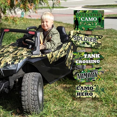 Image of Hooqict 20 Pieces Camo Party Signs Army Birthday Party Decorations Camouflage Military Birthday Party Supplies for Boys Men Army Themed Directional Sign