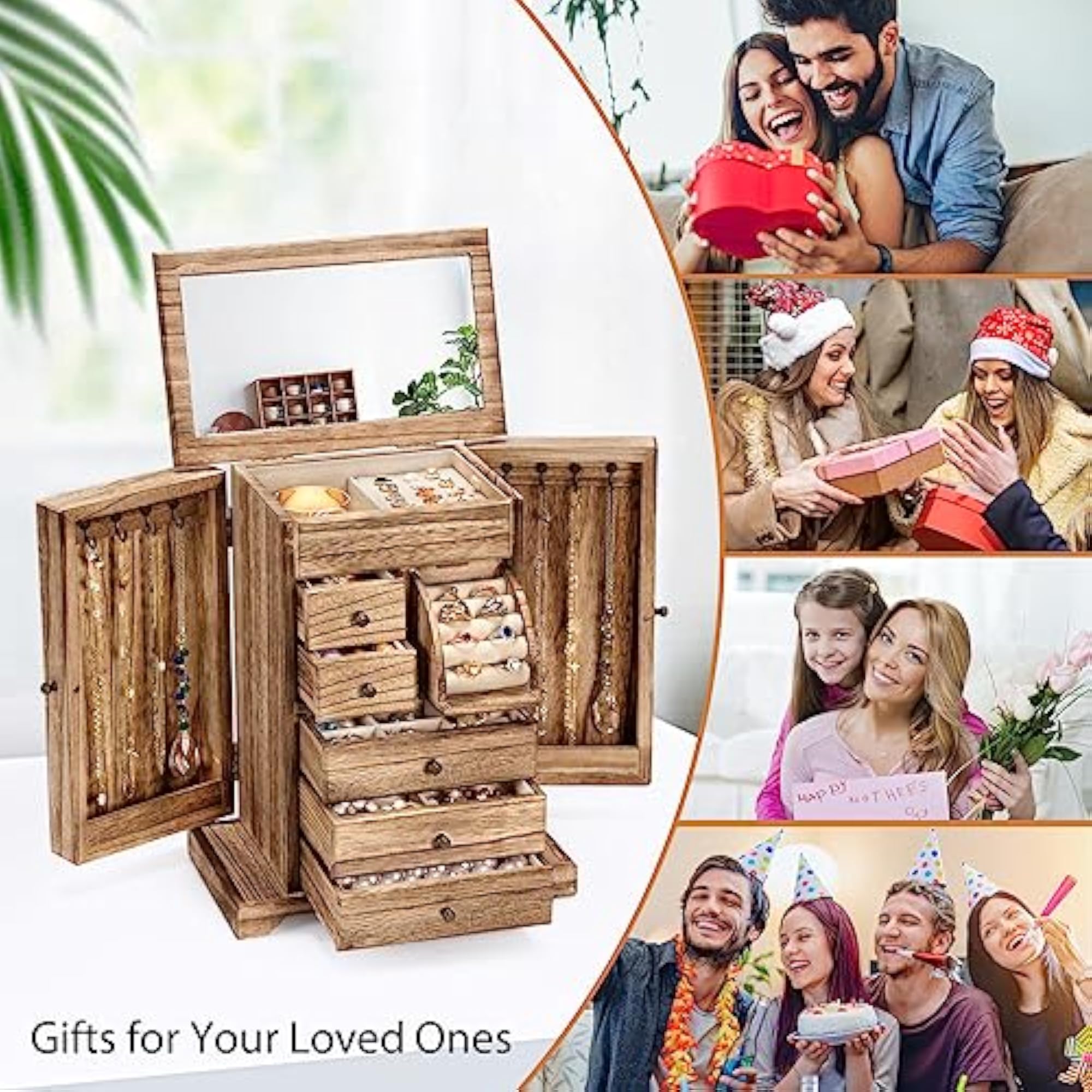 Rustic Wooden Jewelry Organizer Box with Mirror