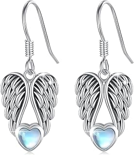 Feather Earrings,Angel Wing Earrings 925 Sterling Silver Feather Hook Earrings,Moonstone Feather Dangle Drop Earrings Hypoallergenic Angel Wing Feather Jewelry Gifts For Women Girls Sensitive Ears