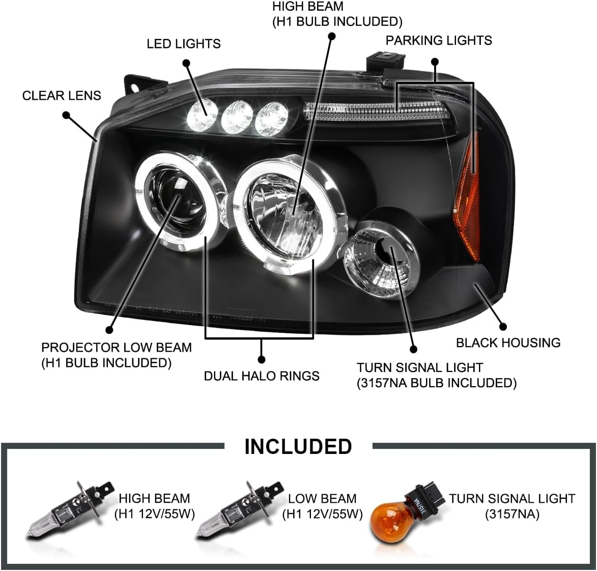 SPEC-D TUNING Projector Headlights Black W/LED Halo Compatible with 2001-2004 Nissan Frontier, Left + Right Pair Headlamps Assembly