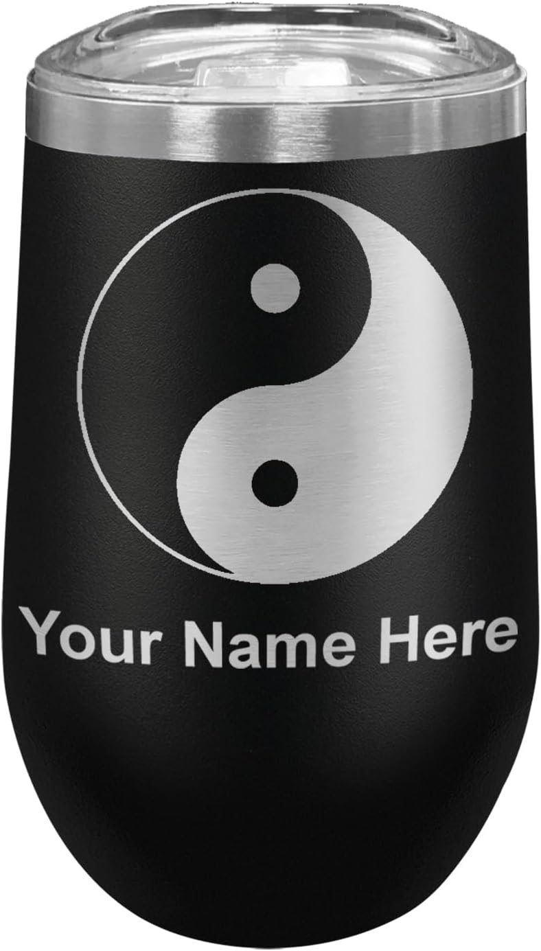LaserGram 16oz Double Wall Stainless Steel Wine Glass Tumbler, Yin Yang, Personalized Engraving Included (Black)