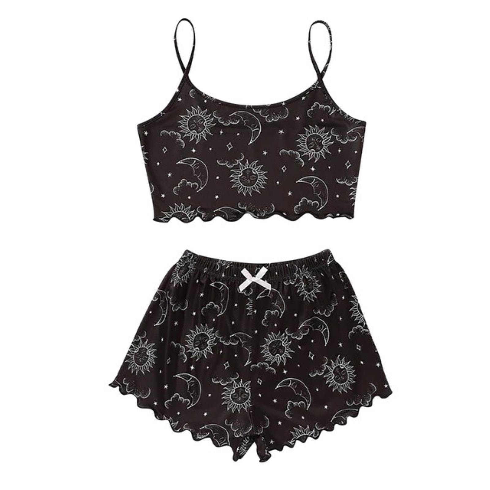 Ebayin Women's Black Sleepwear Pajamas Set Sun And Moon Print Sexy Nightwear Gothic Camisole Shorts Lingerie Pajamas
