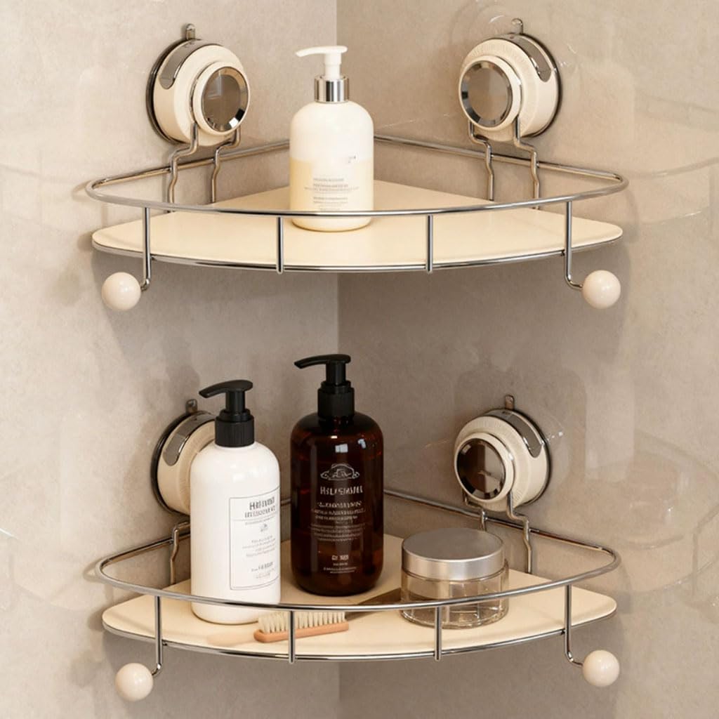 Duschablage Ohne Bohren mit Saugnapf, Eckregal Badezimmer Organizer mit Haken, Wandregal für 90° Ecken, Ablage Bad Shampoo Halterung für Dusche,2etage