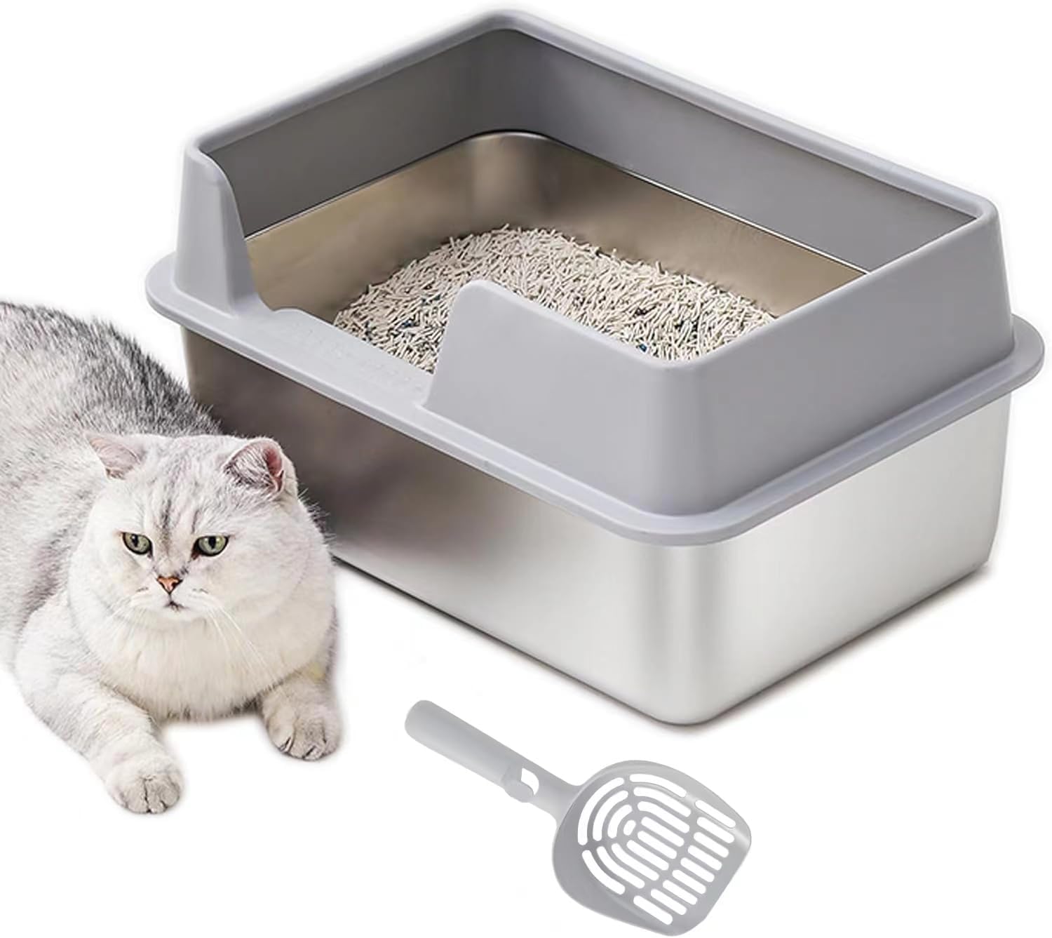 SLEEPHEADยฎStainless Steel Cat Litter Box with Lid, Large Litter Box for Cats Metal Litter Pan Tray with High Wall Sides Enclosure, Anti-Leakage, Non-Sticky, Easy to Clean๏ผ50 * 35 * 25๏ผ