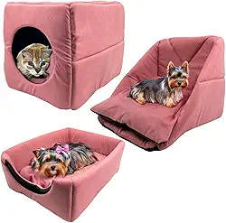 Cama Toca Iglu 3 em 1 Suede Cachorro Gato Frio Quente Pet P (Rosa)