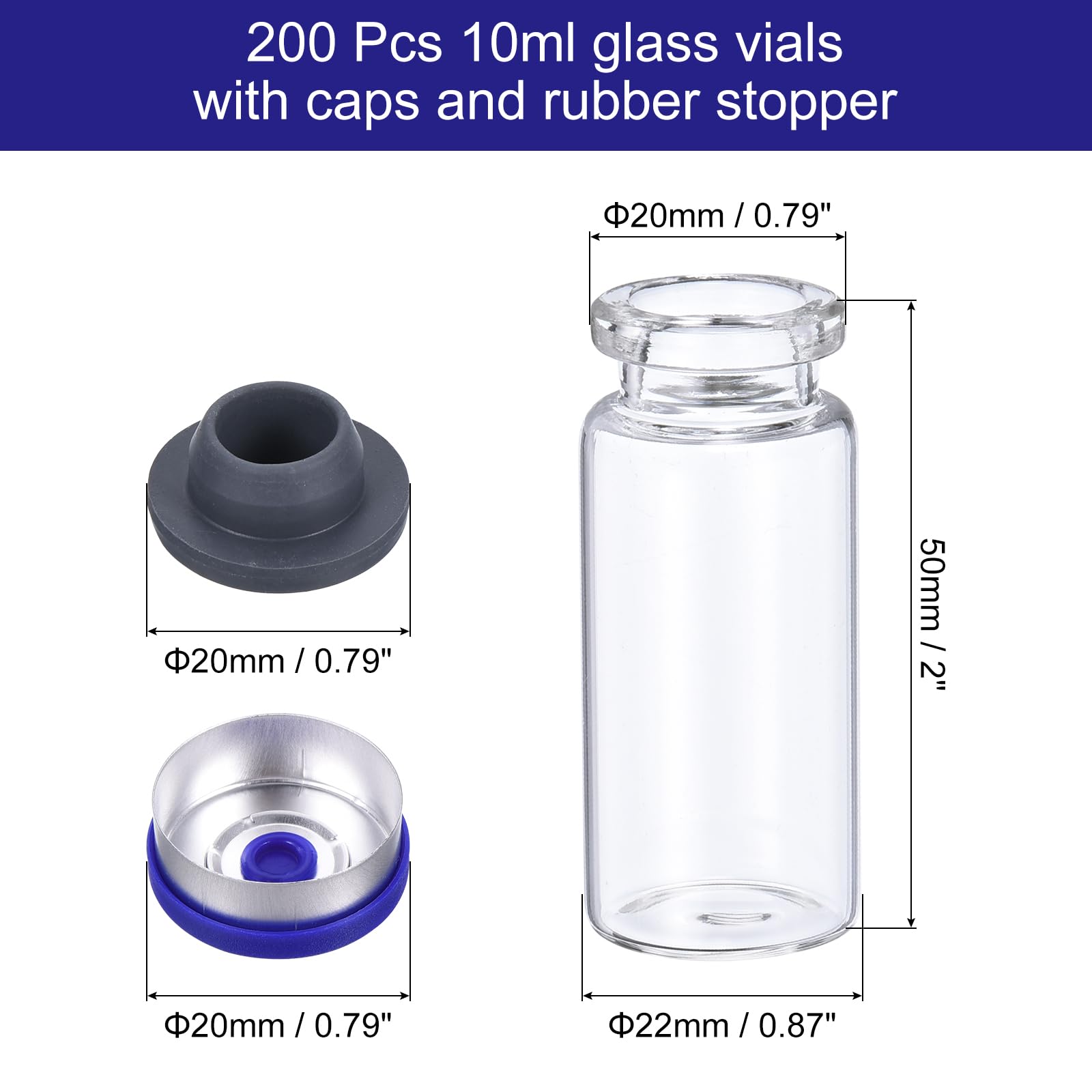 PATIKIL 10ml Frasco de Vidrio 200uds de Frascos Pequeños de Vidrio Vacíos Botella de Muestra Mini Transparente con Tapas Tapón de Goma para Laboratorio Inyección Transparente