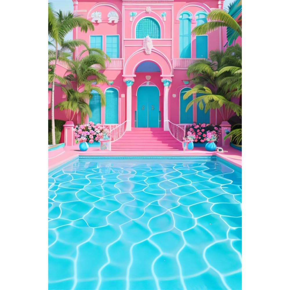 5x7ft Summer Swimming Pool Backdrop Pink Dream House Tropical Palm Tree Flowers Girl Birthday Water Wave Background Newborn Child Baby Shower Birthday