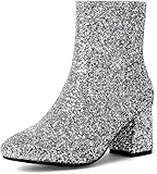 MAVMAX Women's Sequin Glitter Ankle Boots Chunky Heels Sparkly Booties Women Silver Sparkle Boots Shiny Block Heel Wedding Ankle Boots Size 7.5