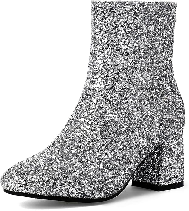 MAVMAX Women's Sequin Glitter Ankle Boots Chunky Heels Sparkly Booties