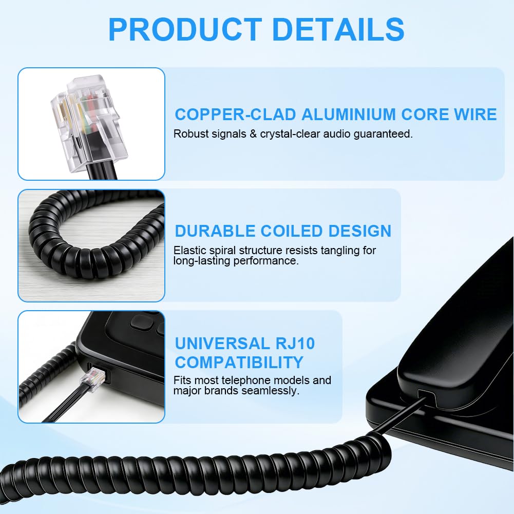 AOOSU Cable Telefónico en Espiral, 4 PCS Cable para Auricular Telefono, 4 Hilos 4P4C RJ10/RJ9/RJ22 Cable Telefónico 3 Metros, Adecuado para el Hogar y Oficina (Negro) — view 4