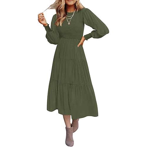 ZESICA Women's 2024 Casual Long Sleeve Crew Neck High Waist Smocked Flowy Tiered Midi Dress