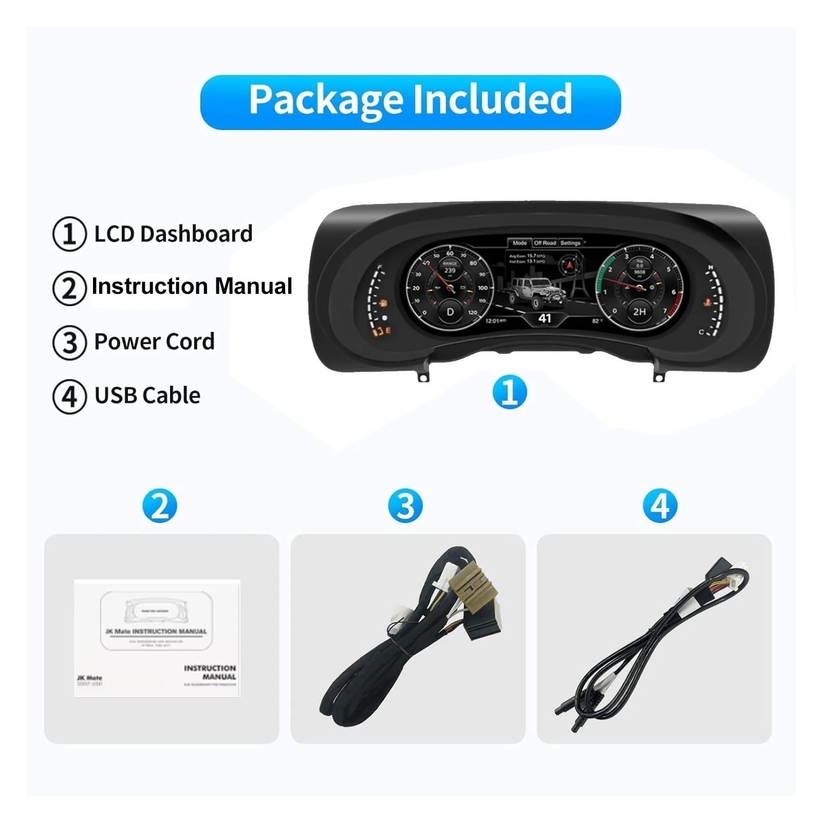 Pantalla de grupo de instrumentos digitales compatible con Jeep Wrangler JK 2007-2010, pantalla HD automotriz de 12,3 pulgadas, Plug-and-Play