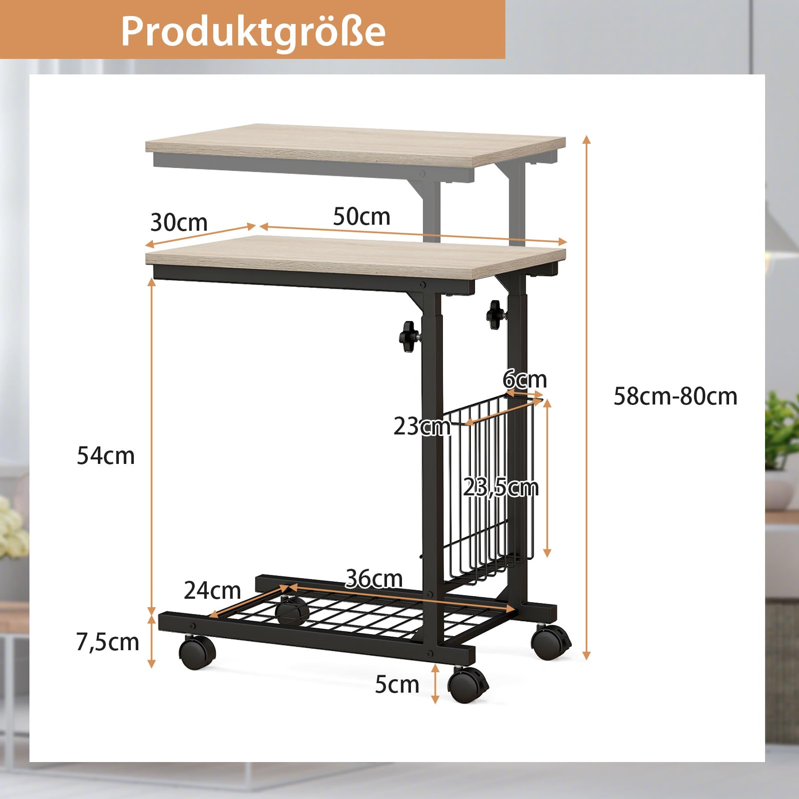 COSTWAY Stolik pomocniczy na kółkach, stolik do laptopa z regulacją wysokości, z koszem do przechowywania, stolik kawowy w kształcie litery C, stolik na łóżko, industrialny, metalowa rama, 50 x 30 x